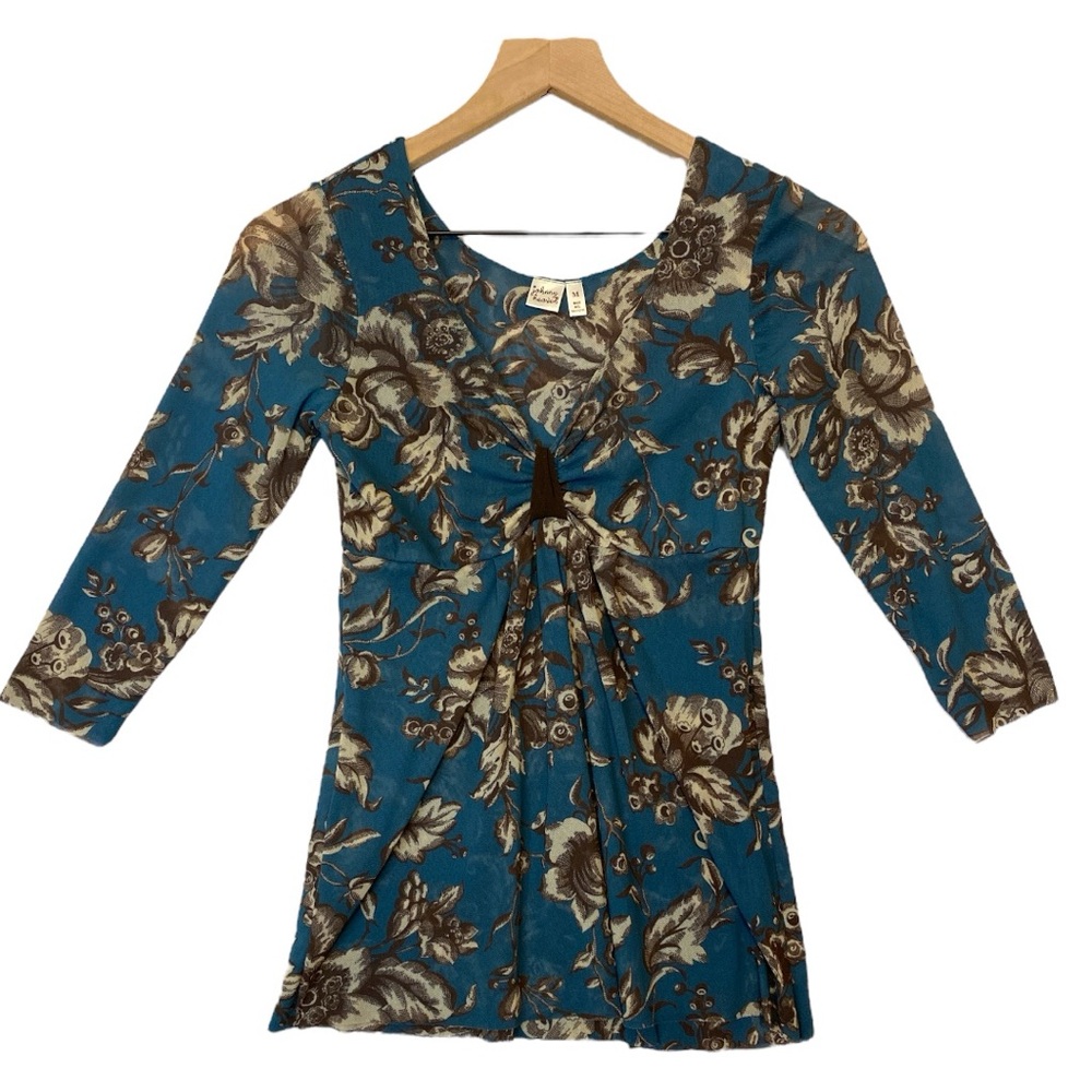 Johnny Heaven Mesh Top‎ Size M Floral Empire Waist Babydoll Teal Blue Brown Y2K